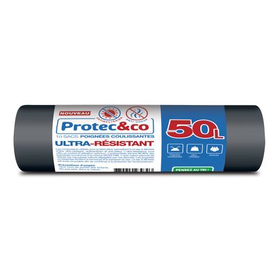 PROTEC&CO Le Seul 4-in-1 Bin Bag 50 L, Heavy Duty, Anti-Bacterial, Anti-Odour, Sliding Handles Roll of 10 Bags