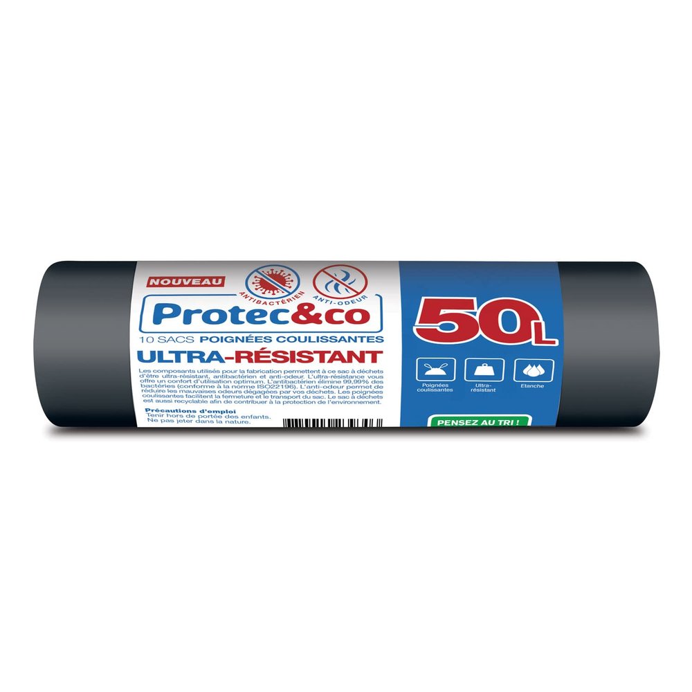 PROTEC&CO Le Seul 4-in-1 Bin Bag 50 L, Heavy Duty, Anti-Bacterial, Anti-Odour, Sliding Handles Roll of 10 Bags