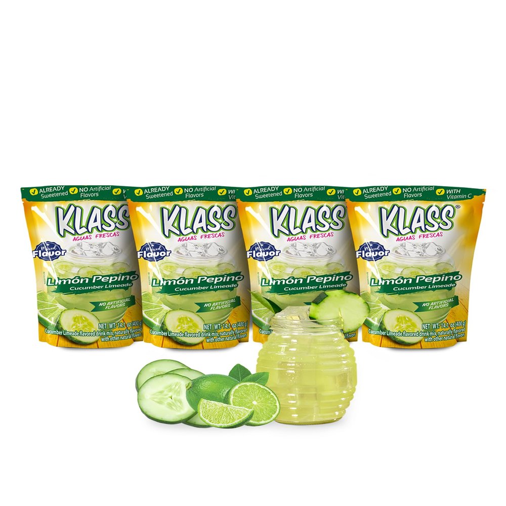 klass Aguas Frescas Lemon Cucumber Drink Mix, Natural Sources Flavors and Colors No Artificial Flavors, No Artificial Sweeteners (Makes 7 to 9 Liters), 14 Ounce Family Pack (Pack of 4)