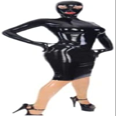 Handmade Bodycon Dress Made of Black Latex with Latex Hooded Mask with Back Zip, Adjustable,Silver,XS