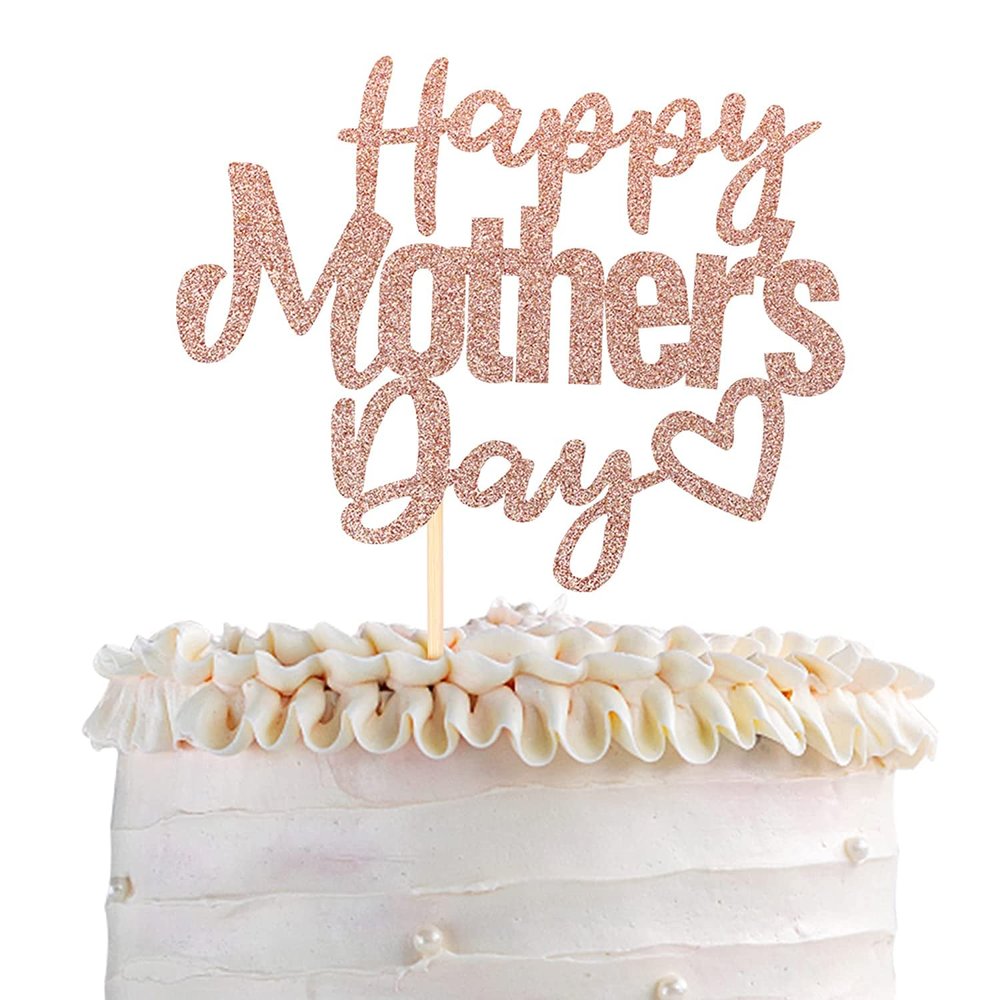 1 Piece Happy Mother's Day Cake Topper with Glitter Hollow Heart Love Mother Cake Pick Best Mother Cake Decorations for Women Birthday Happy Mother Day Theme Party Supplies Rose Gold