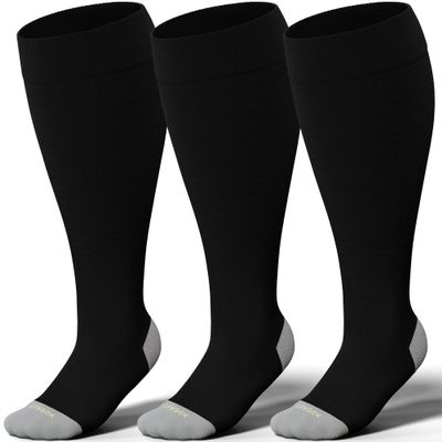 LEVSOX Plus Size Compression Socks for Women Men Wide Calf Extra Large 15-20 mmHg Knee High Support Sock for Nurses Pregnant Travel, 3 Pairs/Black, M