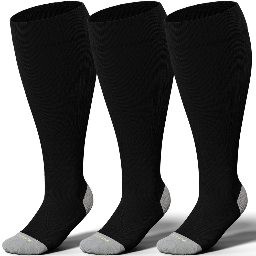 LEVSOX Plus Size Compression Socks for Women Men Wide Calf Extra Large 15-20 mmHg Knee High Support Sock for Nurses Pregnant Travel, 3 Pairs/Black, M