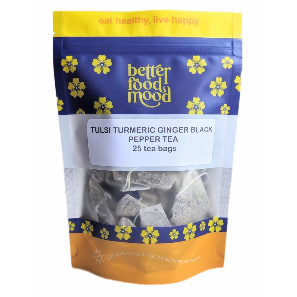 Better Food Mood Tulsi Turmeric Ginger Black Pepper Tea Bags (25 Plastic Free teabags) | May Aid Digestion & Boost Immunity | No Caffeine