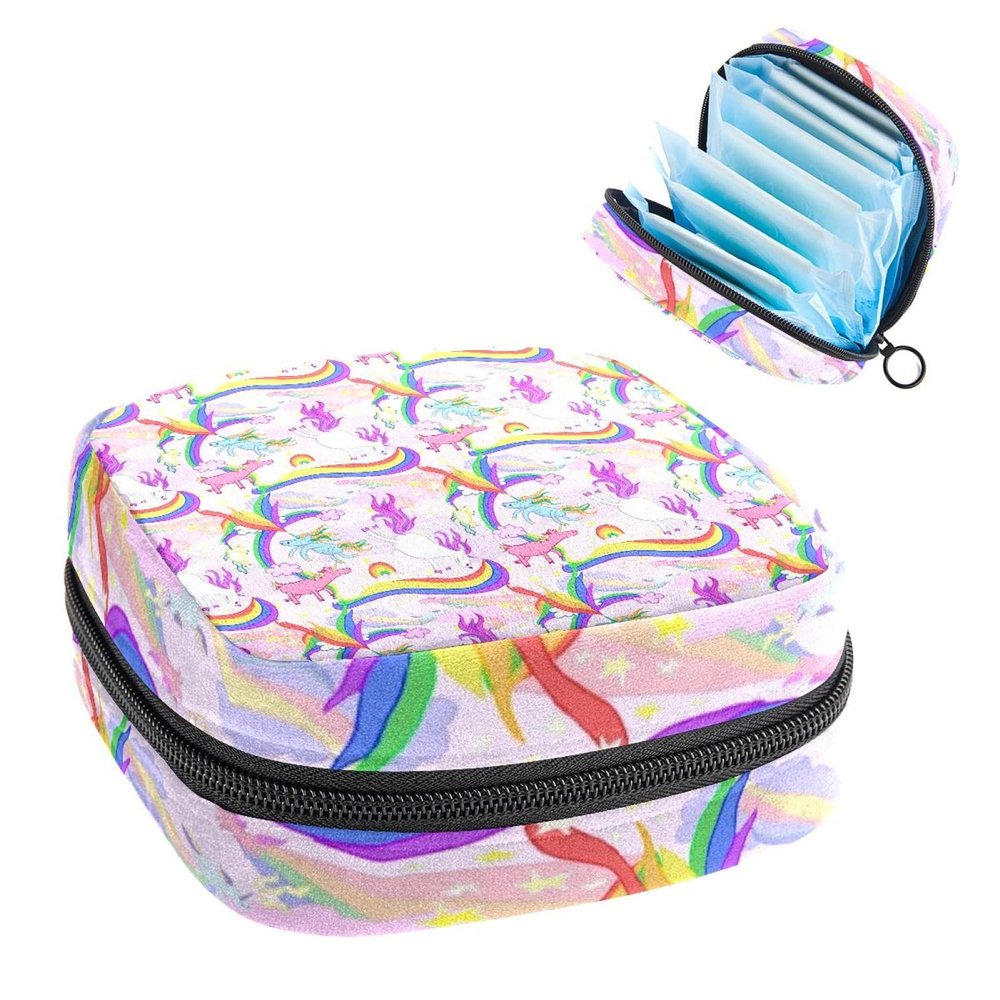 Women Sanitary Napkins Pads Handbag Ladies Menstrual Cup Pouch Girls Portable Tampon Storage Bag Unicorn Rainbow Period Pouch with Zipper