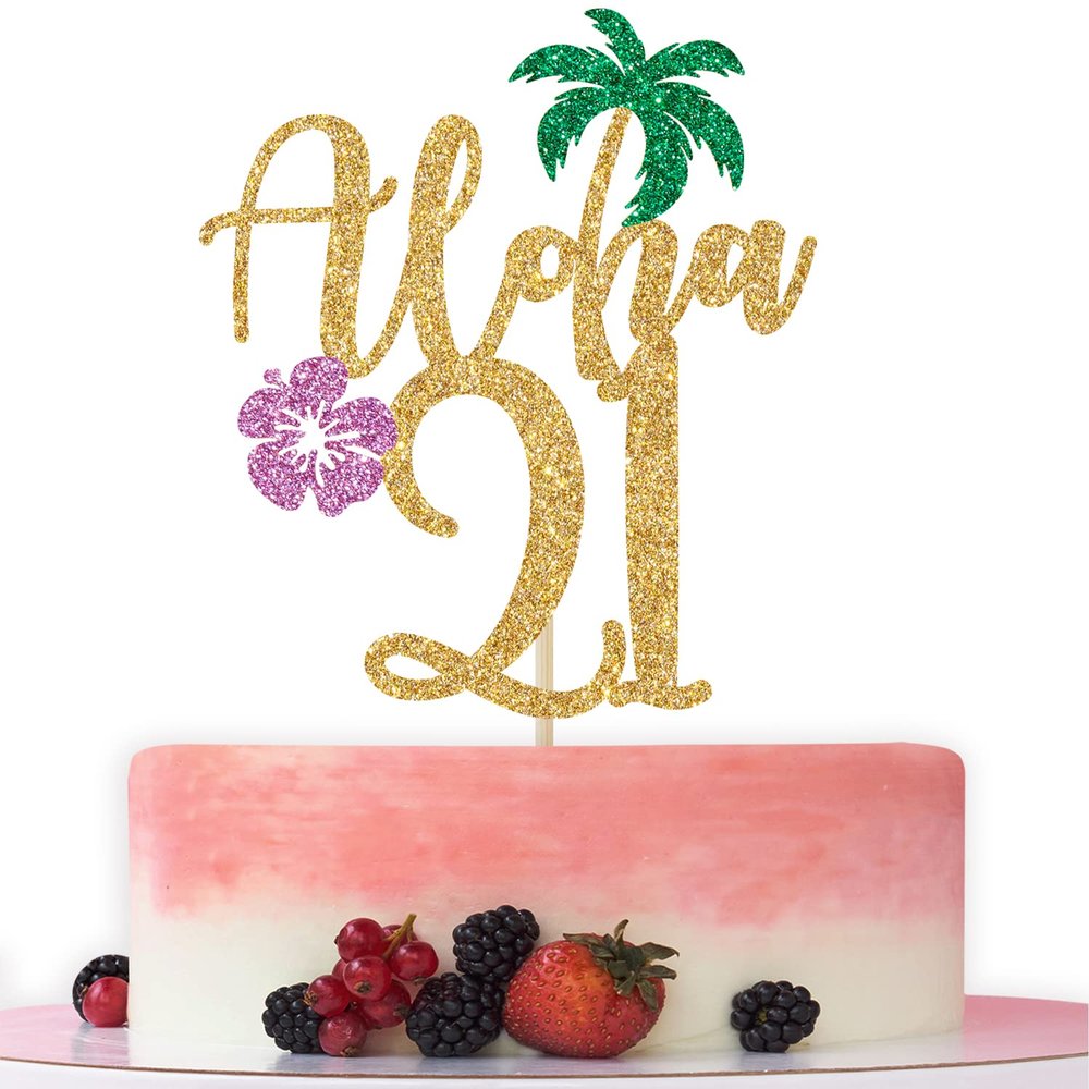 Aloha 21 Cake Topper, Hawaiian 21st Birthday Decorations, Aloha Cake Decorations, Hello 21, Tropical Hawaiian Themed 21st Birthday Party Supplies Gold Glitter