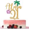 Aloha 21 Cake Topper, Hawaiian 21st Birthday Decorations, Aloha Cake Decorations, Hello 21, Tropical Hawaiian Themed 21st Birthday Party Supplies Gold Glitter view 1