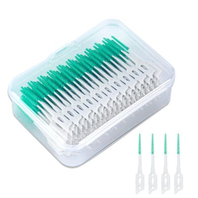 AWAVM 200PC-boxed Silicone Interdental Brush, Dual-use Dental Floss Sticks, Elastic Massage Floss Brushesh, Soft Gum Interdental Brush, Tooth Protection (Green)