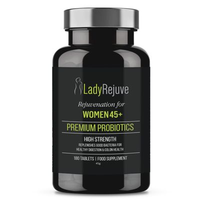 LadyRejuve Premium Probiotics for Women 45+  10 Billion CFU  Supports Digestive & Menopausal Health  180 Vegan Tablets  Made in UK