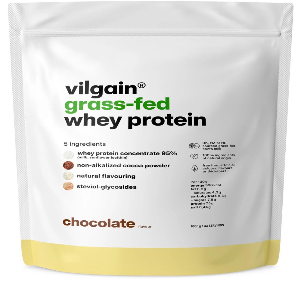 Vilgain Whey Protein Powder, Grass Fed | 100% Pure Whey Protein Powder | Fast Muscle Recovery and Building | Natural Taste | Premium Quality Powder (1000g, Chocolate)