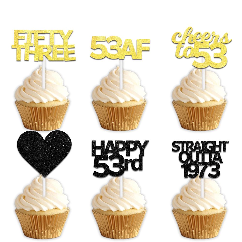 18pcs Black Gold Glitter Dessert Cupcake Pick for Straight Outta 1973 Cheer to 53rd Years Old Theme Decor Supplies Happy 53rd Birthday Party Decoration