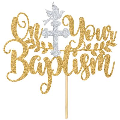 On Your Baptism Cake Topper, Baby Shower / 1st Religious Baptism Cake Decor - Bridal Shower, Engagement, Wedding Anniversary Party Decorations Supplies, Gold and Silver Glitter