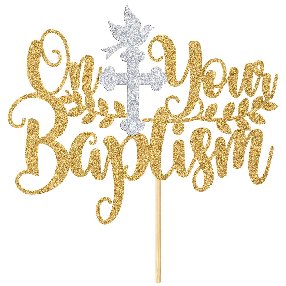 On Your Baptism Cake Topper, Baby Shower / 1st Religious Baptism Cake Decor - Bridal Shower, Engagement, Wedding Anniversary Party Decorations Supplies, Gold and Silver Glitter