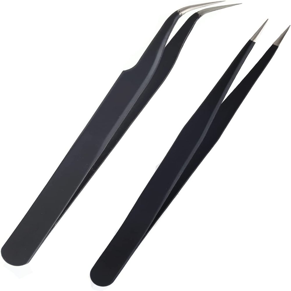 Fine Point + Slant Tweezers for Women and MenSplinter Ticks, Facial, Brow and Ingrown Hair Removal Needle Nose Precision Best Tweezers for Chin Hair(Black