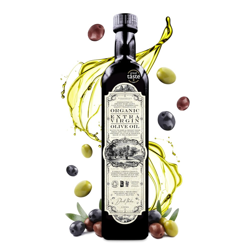 Organic Extra Virgin Olive Oil 500ml | Prestige Cold Pressed Olives From Calabria, Italy | High Polyphenols | Premium Naturally Preserving Miron Violet Glass | 0.5L Vegan Friendly