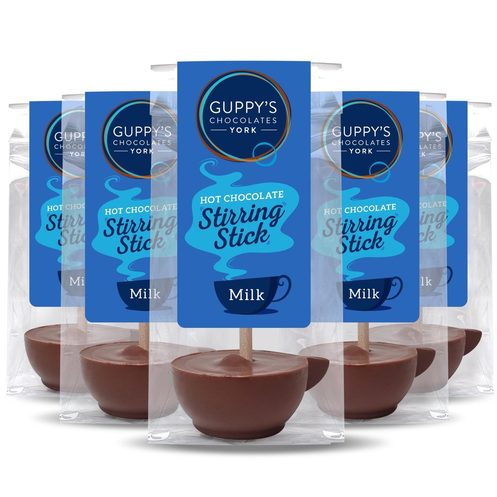 Guppy's Chocolates York | Milk Hot Chocolate Stirrers | 5 Pack | 32gram Cup Shaped Drinking Chocolate Sticks Spoons | Individually Packaged