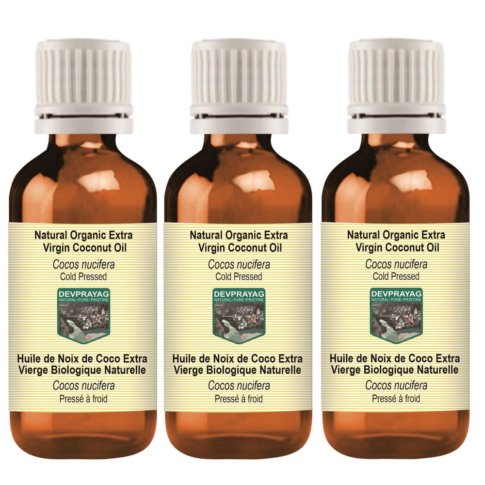 Devprayag Natural Organic Extra Virgin Coconut Oil (Cocos nucifera) Natural Therapeutic Grade Cold Pressed (Pack of three) 100ml X 3 (10 oz)