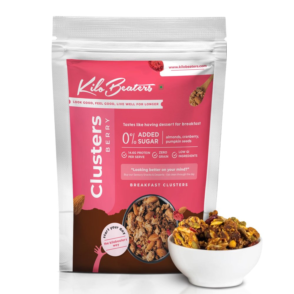 KILOBEATERS Berry Clusters Protein Muesli 1kg Vegetarian, Low Carb, High Protein Breakfast Cereal Sugar-Free, Healthy Diet Snack Crunchy Granola with Real Berries