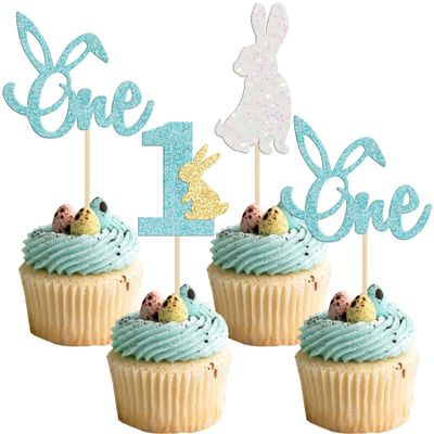 24Pcs Easter Bunny One Cupcake Toppers Some Bunny is One Birthday Decorations Blue Glitter Easter Cake Decorations Bunny Easter Theme Boy Spring Theme First Birthday Party Decorations