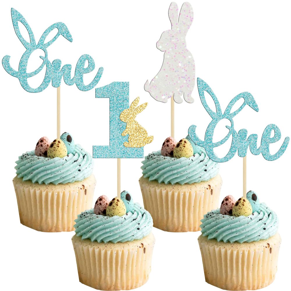 24Pcs Easter Bunny One Cupcake Toppers Some Bunny is One Birthday Decorations Blue Glitter Easter Cake Decorations Bunny Easter Theme Boy Spring Theme First Birthday Party Decorations
