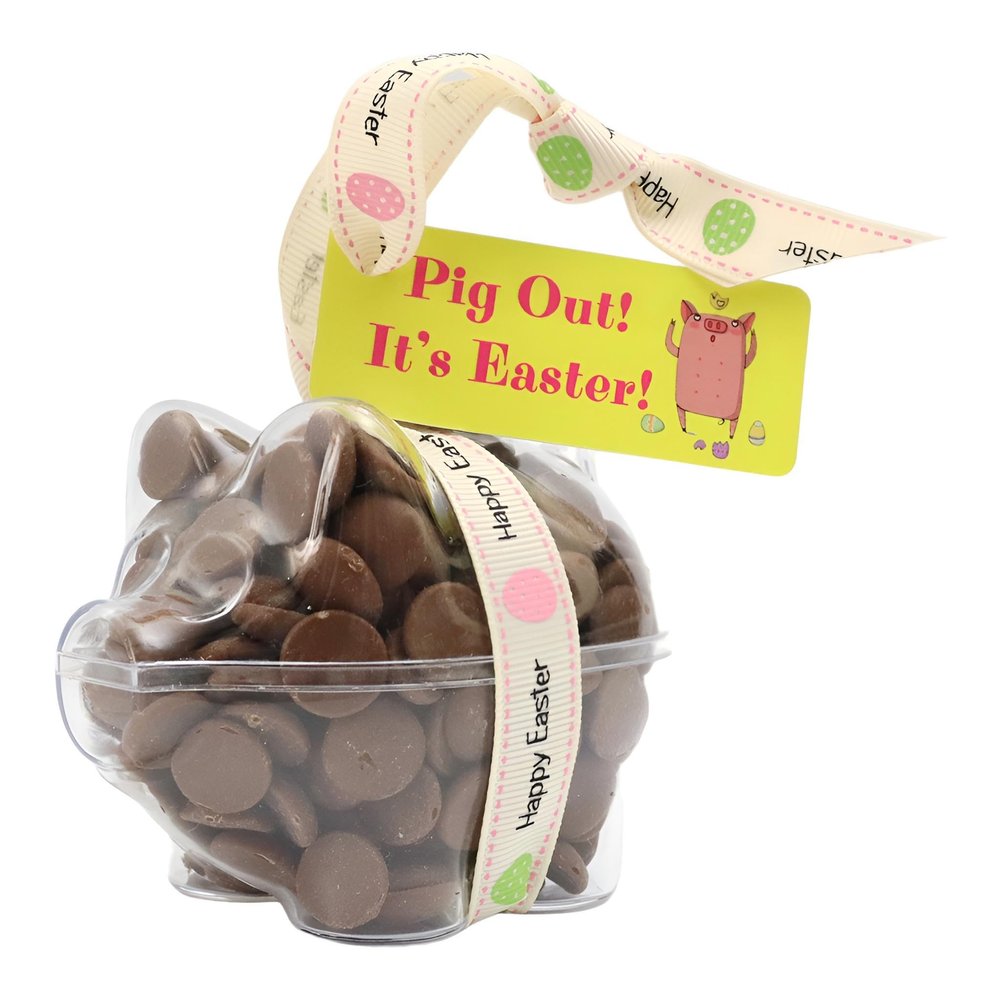ButtonChocs Easter Chocolate Piglet - Pig Out It's Easter. Belgian Milk Chocolate Easter Gift.