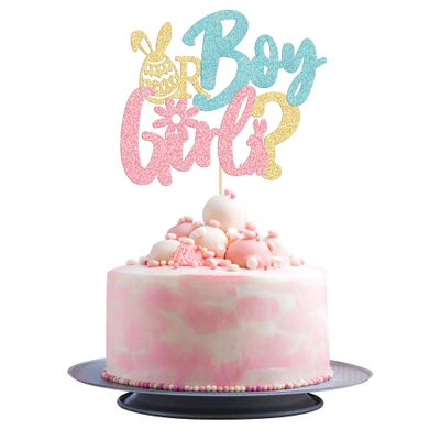 1Pc Happy Easter Boy or Girl Cake Topper Blue Pink Glitter Rabbit Bunny Gender Reveal Cake Food Pick Bunny Cake Decorations for Happy Easter Themed Baby Shower Kids Birthday Party Supplies