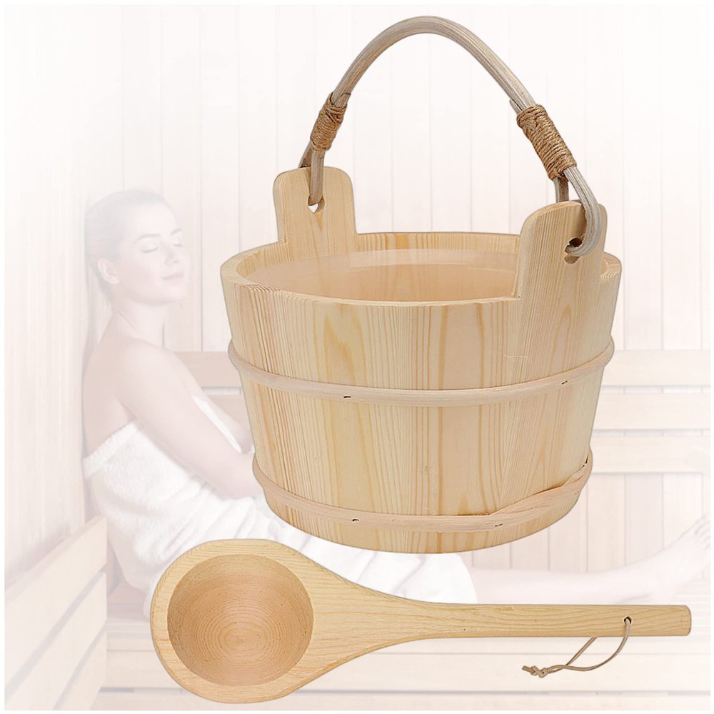 KELUNIS Handmade White Pine Sauna Bucket, 1 Gallon / 4 Liter Wooden Hot Tub Barrel Natural Sauna Spa Accessory with Wooden Bucket Ladle for Home Sauna & SPA