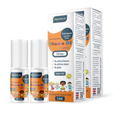 ProHealth Preservative-Free Vegan Vitamin D3 Drops for Infants & Children - Sugar-Free, All-Natural, NHS Approved (4-Month Supply, 2-Pack)