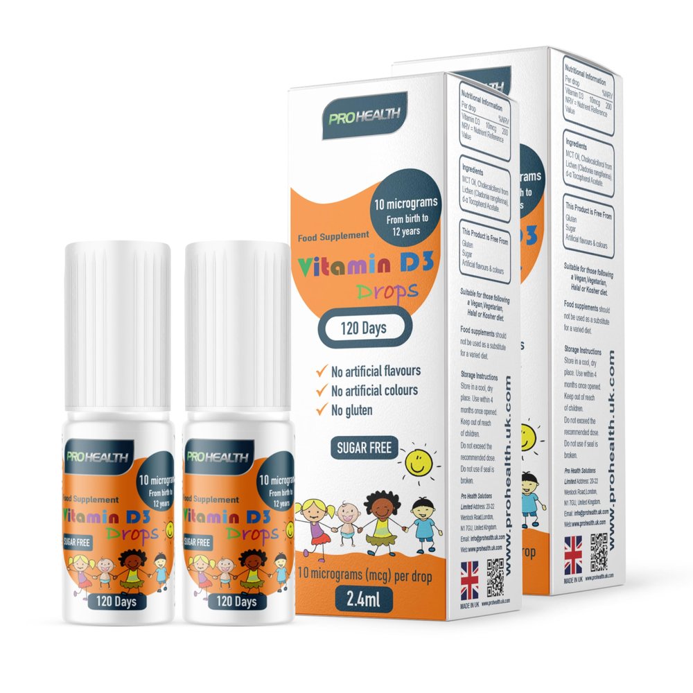 ProHealth Preservative-Free Vegan Vitamin D3 Drops for Infants & Children - Sugar-Free, All-Natural, NHS Approved (4-Month Supply, 2-Pack)