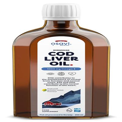 Osavi Norwegian Cod Liver Oil 1000 mg Omega 3  250 ml | Lemon-Mint Flavor | DHA & EPA for Heart, Brain & Vision Health | Supports Immune Function | Sourced from Wild Atlantic Cod