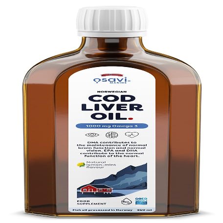 Osavi Norwegian Cod Liver Oil 1000 mg Omega 3  250 ml | Lemon-Mint Flavor | DHA & EPA for Heart, Brain & Vision Health | Supports Immune Function | Sourced from Wild Atlantic Cod