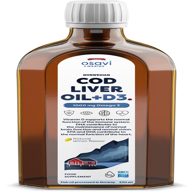 Osavi Norwegian Cod Liver Oil + D3, 1000 mg Omega 3, Lemon  250 ml | High in DHA & EPA for Brain, Heart & Vision Health | Supports Immune System Function | Sustainably Sourced from Wild Atlantic Cod