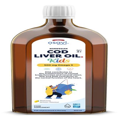 Osavi Norwegian Cod Liver Oil Kids  500 ml | 500 mg Omega3| Supports Brain Function, Vision, Heart Health, Immune System | Includes 135 g Vitamin A | Lemon Flavour | Made in Norway
