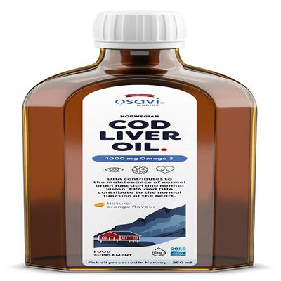 Osavi Norwegian Cod Liver Oil 1000 mg Omega 3  250 ml | Orange Flavor | DHA & EPA for Heart, Brain & Vision Health | Supports Immune Function | Sourced from Wild Atlantic Cod
