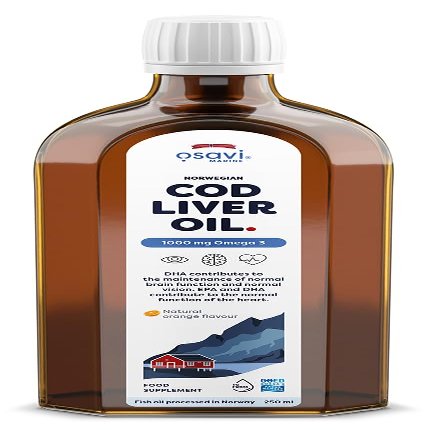 Osavi Norwegian Cod Liver Oil 1000 mg Omega 3  250 ml | Orange Flavor | DHA & EPA for Heart, Brain & Vision Health | Supports Immune Function | Sourced from Wild Atlantic Cod