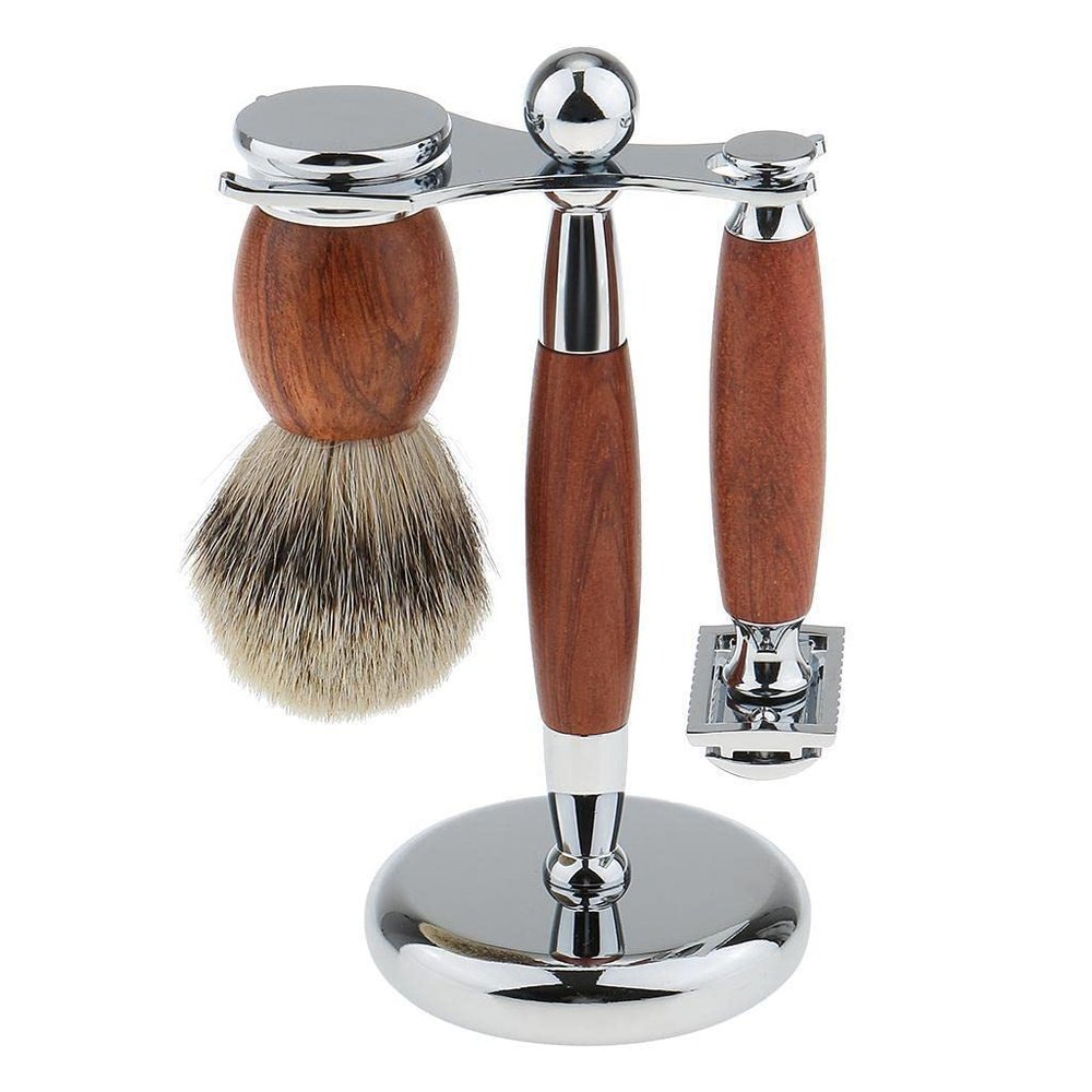 Jojomis Premium Rosewood Men's Shaving Set Brush Safety Razor Holder