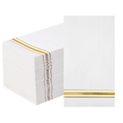 100 3-Ply Gold Napkins Disposable Elegant Dinner Paper Napkins, White and Gold Foil Guest Napkins Hand Towels for Bathroom Wedding Kitchen Birthday Parties
