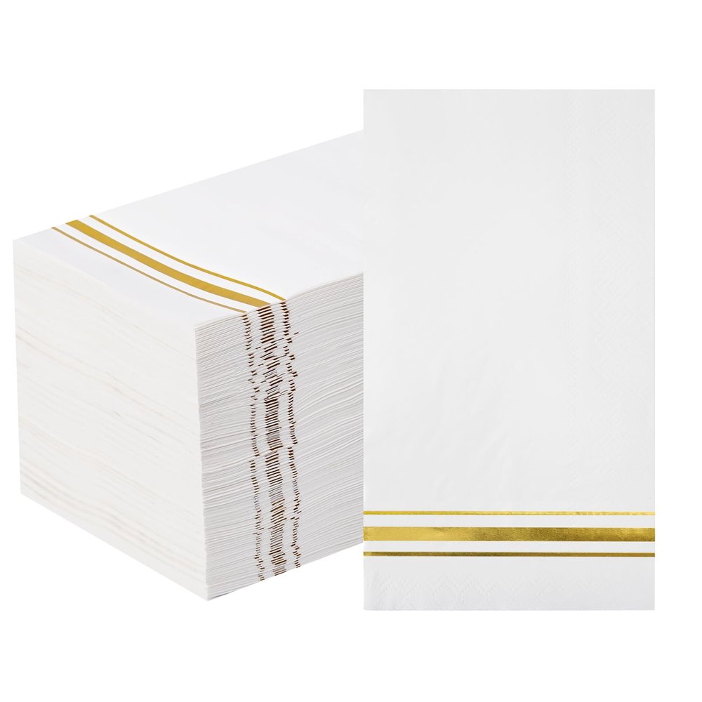 100 3-Ply Gold Napkins Disposable Elegant Dinner Paper Napkins, White and Gold Foil Guest Napkins Hand Towels for Bathroom Wedding Kitchen Birthday Parties
