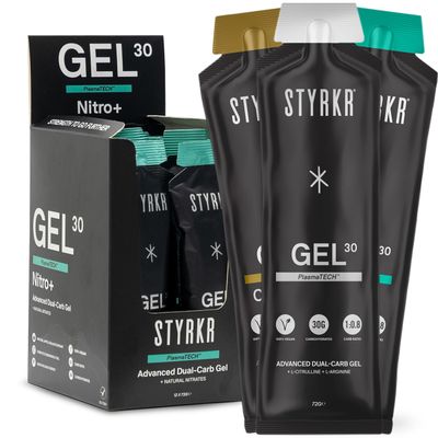 GEL30 Mixed Energy Gels by Styrkr - 30g of Carbs - Pack of 12 (4X GEL30 + 4X GEL30 Nitro + 4X GEL30 Caffeine) Energy Gels for Cycling & Running - for Endurance Athletes - Dual-Carb Formula - 12x Pack