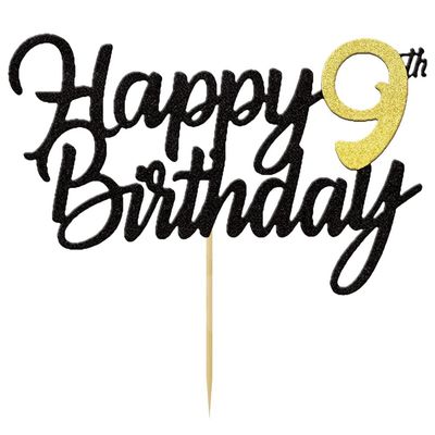 Happy 9th Birthday Cake Toppers Glitter 9th Anniversary Cake Topper 9 Years Loved Bday Decorations 9 Gold Birthday Cake Decorations Nine Party Supplies for Women Men(Black Gold)