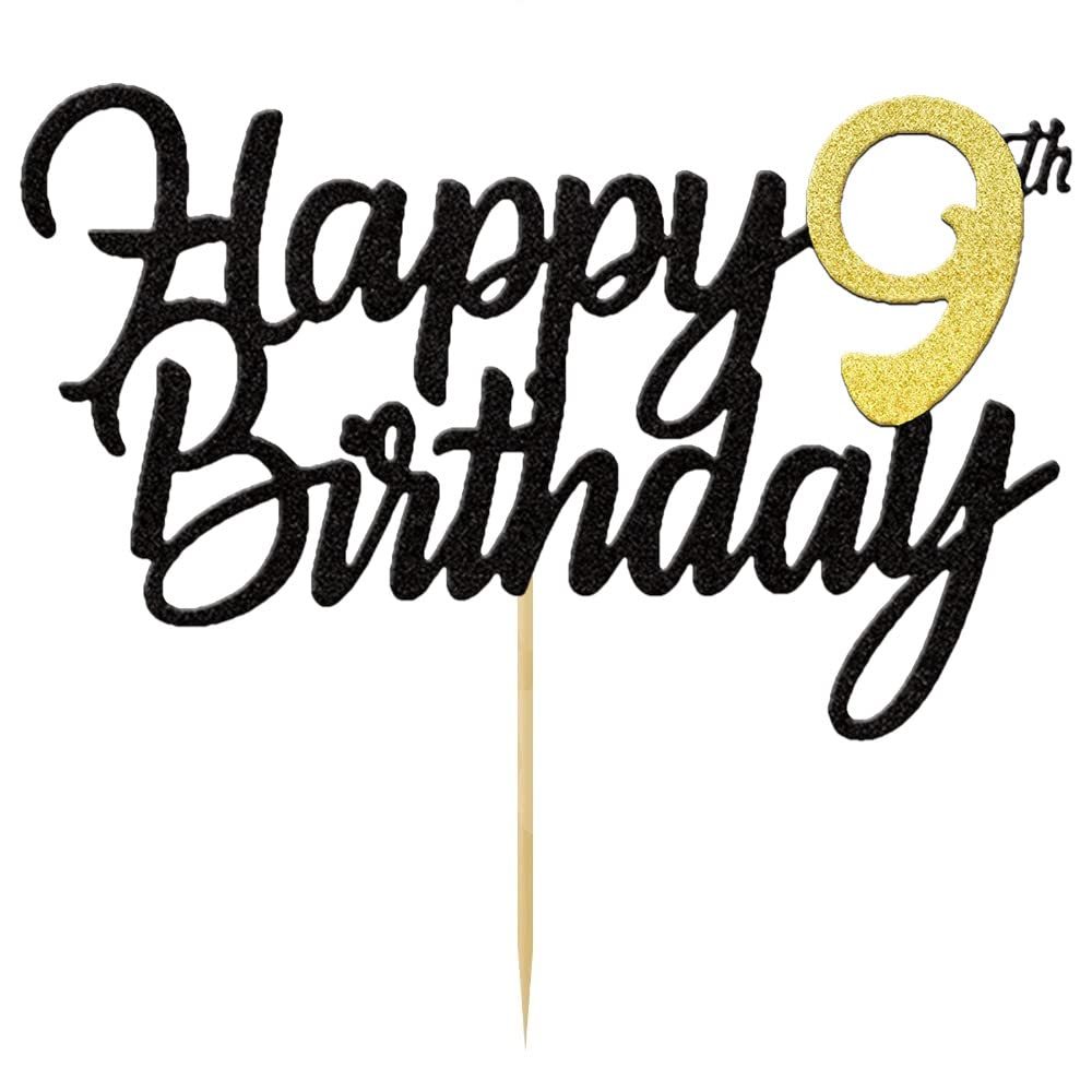 Happy 9th Birthday Cake Toppers Glitter 9th Anniversary Cake Topper 9 Years Loved Bday Decorations 9 Gold Birthday Cake Decorations Nine Party Supplies for Women Men(Black Gold)