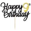 Happy 9th Birthday Cake Toppers Glitter 9th Anniversary Cake Topper 9 Years Loved Bday Decorations 9 Gold Birthday Cake Decorations Nine Party Supplies for Women Men(Black Gold) view 1
