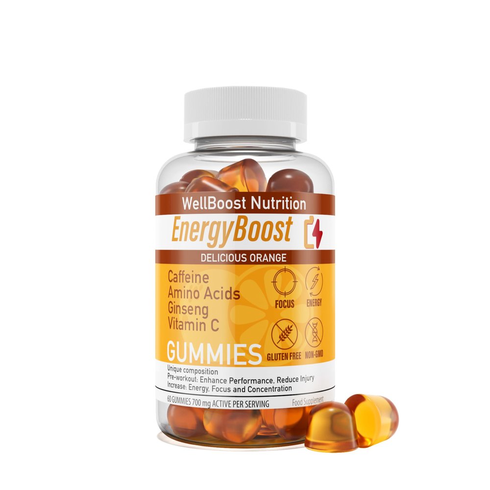 Energy Boost - Pre Workout, Caffeine, Ginseng, VIT C, L-Carnitine, Beta-Alanine, Chewable Gummies for Men & Women - 60 Gummies - Orange Flavour, Suitable for Vegans