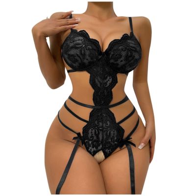 Women Lingerie Sexy Plus Size Strappy Halter V Neck Lace Up Bodysuits Naughty One Piece Teddy Babydolls Chemises Sleepwear Hollow Out Harness Belt Strappy Bra and Panty Babydoll Teddy