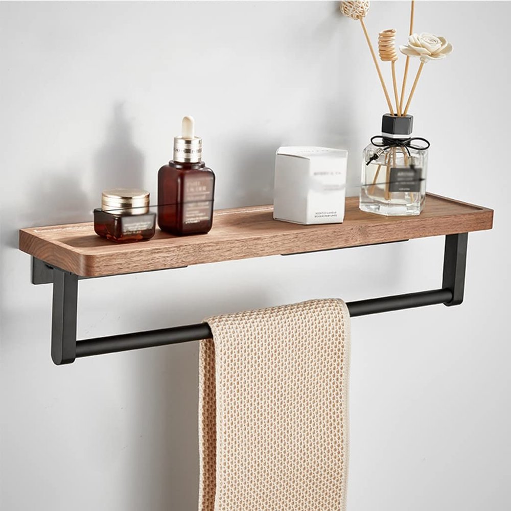 Sudemota Black Walnut Foldable Towel Bar Rack, Bathroom Accessories Wall Mount, Toilet Brush Robe Hook Toilet Paper Holder bathroom (Color : Concave Shelf With Rod 50cm)