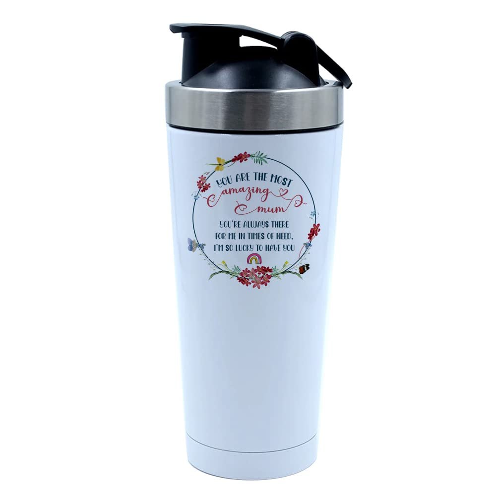 500ml Aluminium Shaker Bottle for Supplement Shakes - Easy Clean, Durable Cup Mother's Day Gift, The Most Amazing Mum, Gift For Mom, Mum Gifts Mother Gifts, Mummy Gifts. (White)