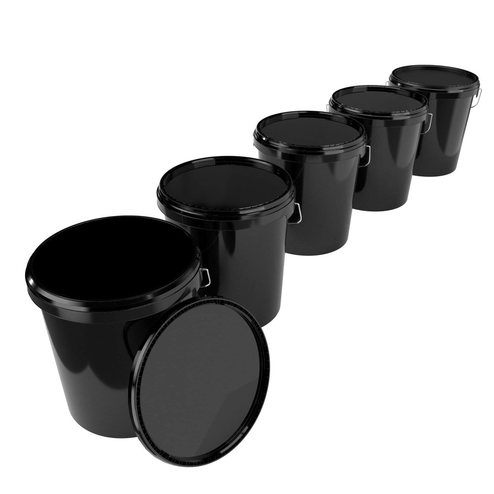 5 x Bucket with Lid, 16 Litres, Black, Food-Safe, Airtight and Stable, Empty Bucket with Handle and Closure Lid for Food, Chemistry, Wall, Paint, Washing Powder, Adhesives