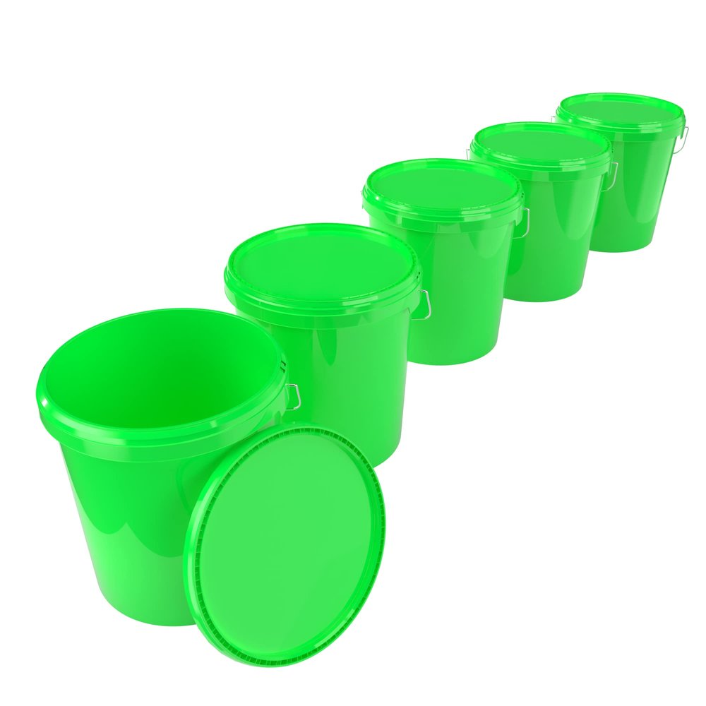 5 x buckets with lid, 16 litres, green, food-safe, airtight and stable, empty bucket with handle and closure, lid for food, chemistry, wall, paint, washing powder, adhesives