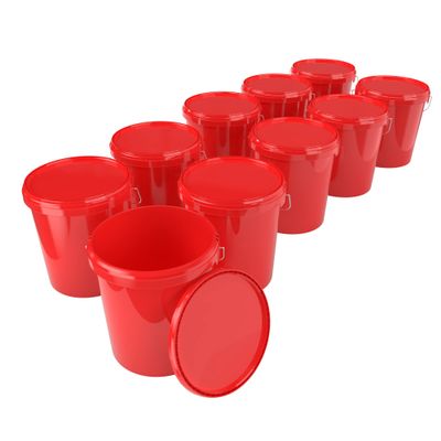 10 x buckets with lid, 16 litres, red, food-safe, airtight and stable, empty bucket with handle and closure, lid for food, chemistry, wall, paint, washing powder, adhesives