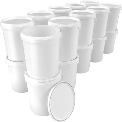 20 x buckets with lid, 16 litres, white, food-safe, airtight and stable, empty bucket with handle and closure, lid for food, chemistry, wall, paint, washing powder, adhesives